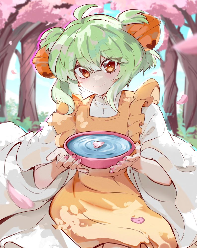 Digital artwork of Moeki from Fanime Station (May 2023). She is wearing a kimono, smiling, and holding a bowl filled with water. Cherry blossom petals fall around her, while one gracefully lands in the center of the bowl.