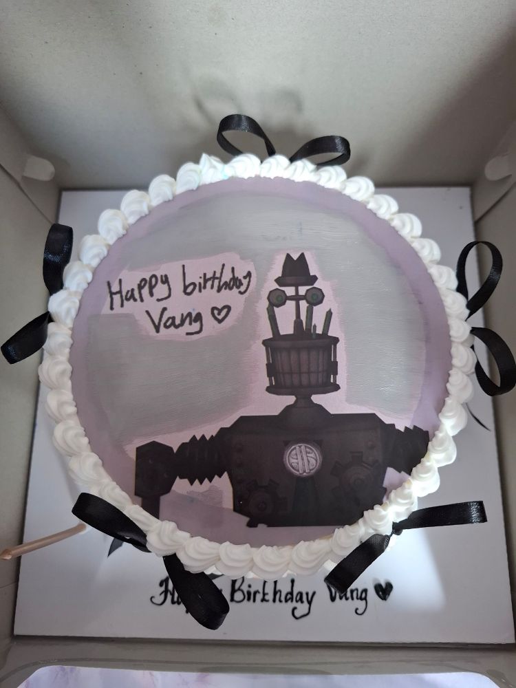 A cake with a printed Charon image on it and a written text saying "Happy birthday Vang♡"

Tge cake wasnt as perfect and the guy didnt do as instructed so i had to paint the printed image because of something stupid
But yknow, this is Charon so i love this either way🫶