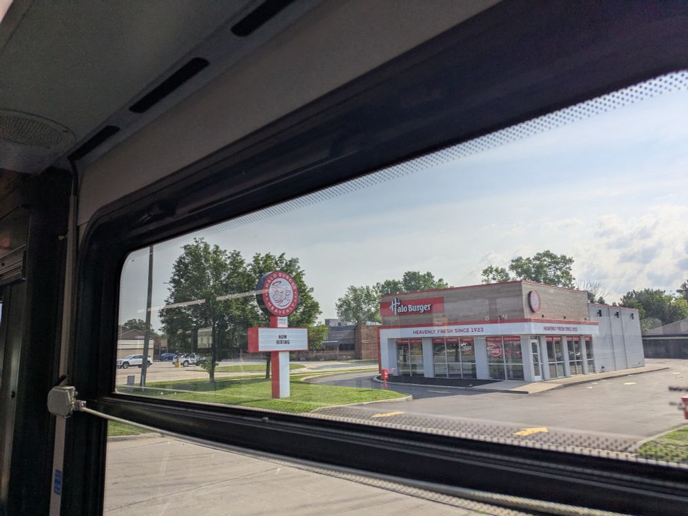 The new Halo Burger location on Garfield Road as seen through the window of a bus on Route 550