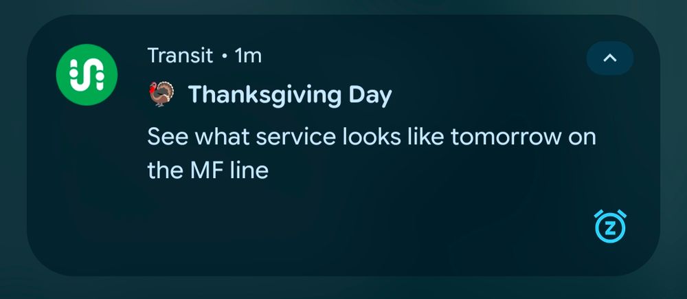 Notification for Thanksgiving service reads "See what service looks like tomorrow on the MF line"
