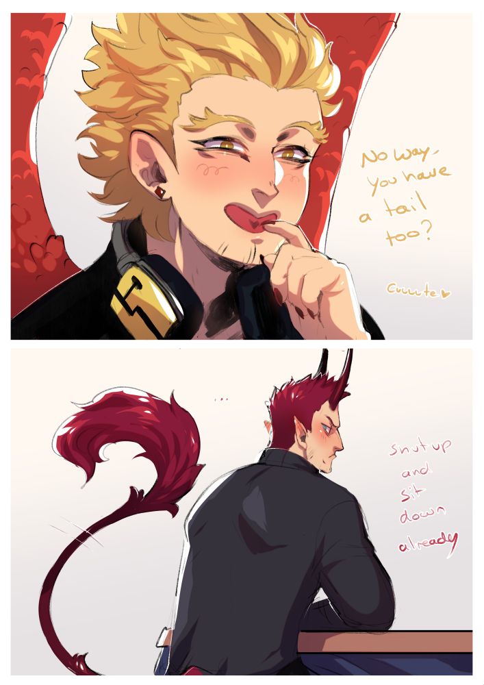 Hawks is smiling with his hand to his face, saying "No way, you have a tail too? Cuuuute."
Enji is sitting at a table, looking irritated and blushing, but his tail is wagging. he says "Shut up and sit down already."
