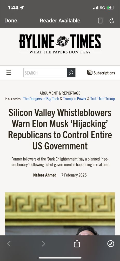 Screenshot of a headline stating "Silicon Valley Whistleblowers Warn Elon Musk 'Hijacking' Republicans to Control Entire US Government."