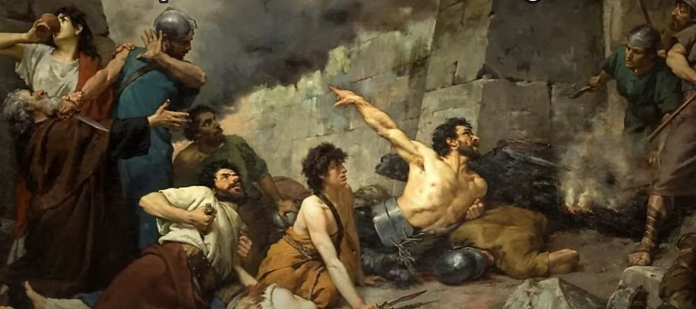 a scene from a romantic painting of war in iberia during the roman conquest