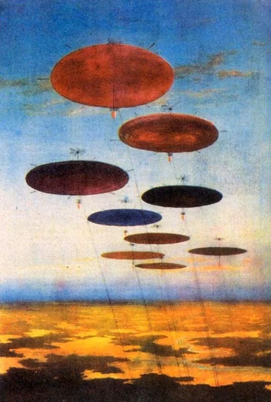 ruddy tethered aerostats drifting above a great marshy expanse. from tekhnika molodeshny