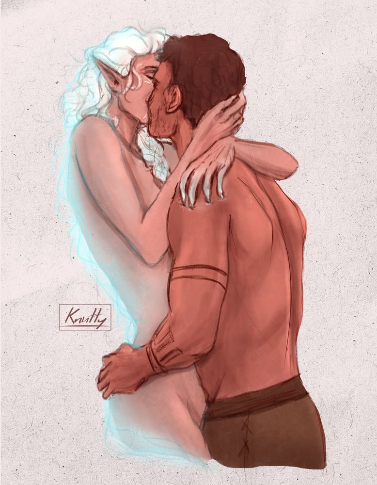 A sketchy digital painting of Dragon Age Knight Captain Rylen seen from behind as he leans to kiss a fading vision of my elf OC Farie Lavellan (non-Inquisitor character). She digs her abnormally long fingers into his shoulder and seems to be glowing with lyrium blue.
