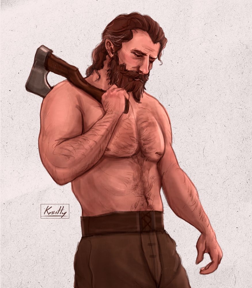 A digital drawing of Blackwall from Dragon Age Inquisition. He is shirtless and carrying an axe on his arm