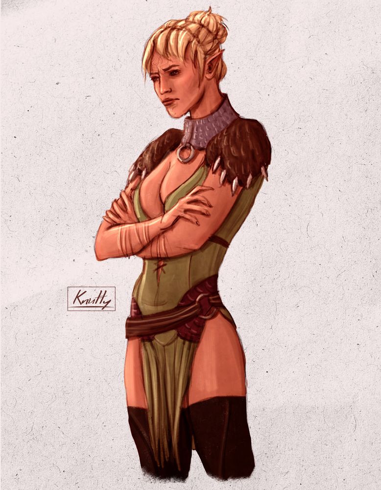 A digital drawing of Velanna, an elven character from Dragon Age Awakening, seen from thighs up. She looks angry, with her brows furrowed and her arms crossed.