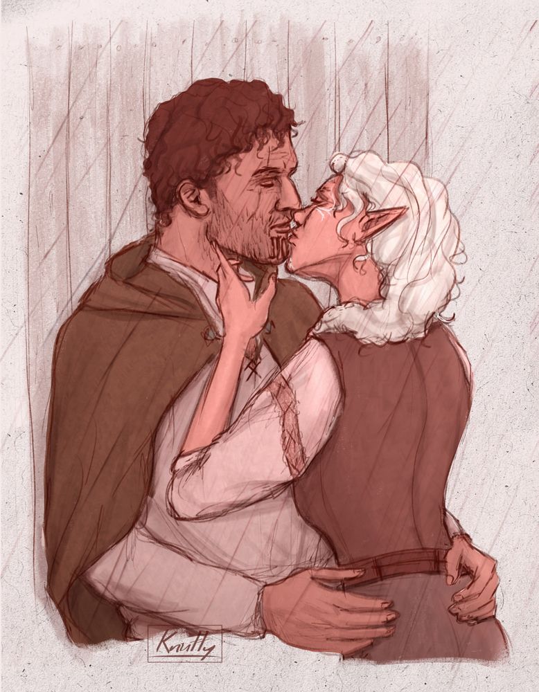 A digital sketchy drawing of my Dragon Age elf OC Farie Lavellan (non-Inquisitor character) and Knight Captain Rylen. He is leaning back against a wooden wall holding her waist as she reaches up to hold his face and kiss him. Heavy rain is pouring over them.