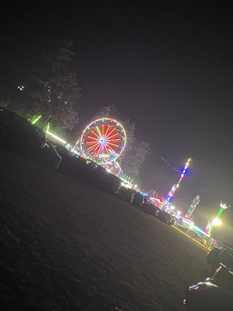 Image of lit up fair rides against a dark night sky.