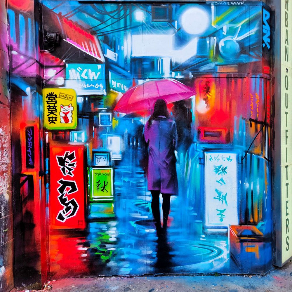 A Tokyo neon streetscape streetart painting by Dan Kitchener