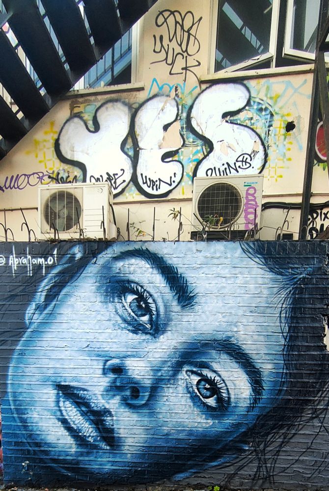 Street art painting by Abraham.01. it is a profile of a woman sprayed onto a wall. The face is striking with hints of blue and white. In the background is a building with graffiti which contrasts with the image.