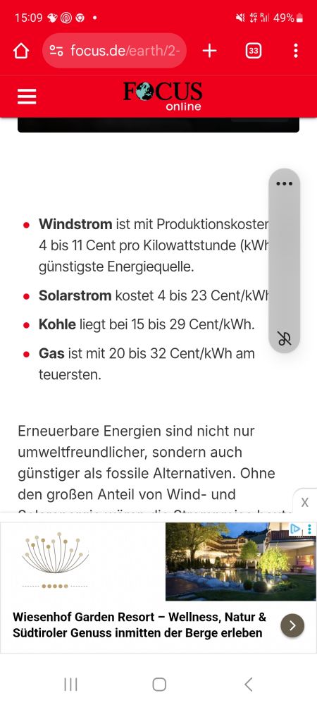 Windstrom ist mit Produktionskosten von 4 bis 11 Cent pro Kilowattstunde (kWh) die günstigste Energiequelle.

Solarstrom kostet 4 bis 23 Cent/kWh.

Kohle liegt bei 15 bis 29 Cent/kWh.

Gas ist mit 20 bis 32 Cent/kWh am teuersten.