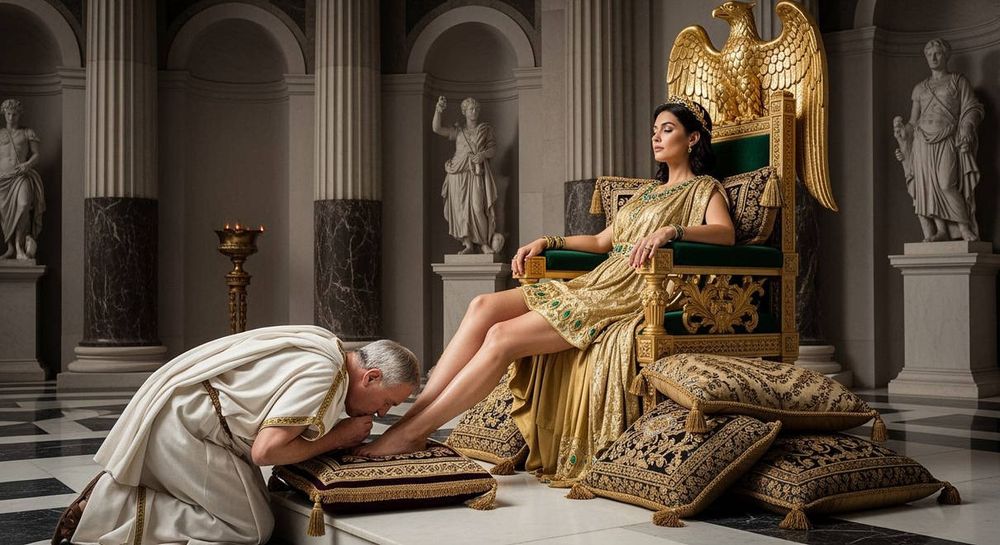 older man kneeling to kiss the feet of a woman seated on a throne.

www.deviantart.com/maxdemille