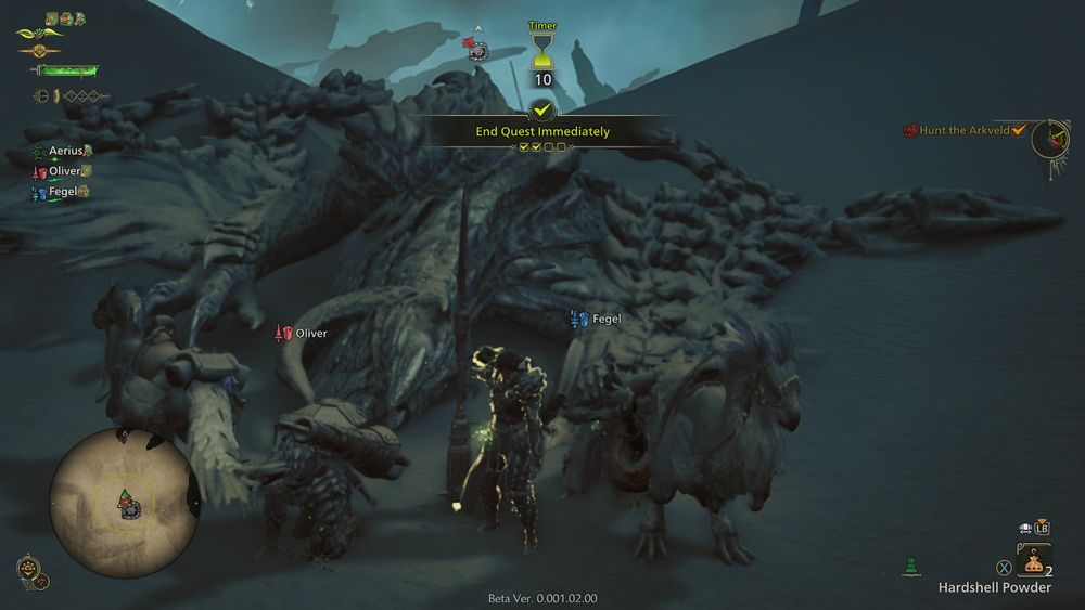 Screenshot from the Monster Hunter Wilds Open Beta Test, showing 3 hunters (including me) posing in front of a slain Arkveld
