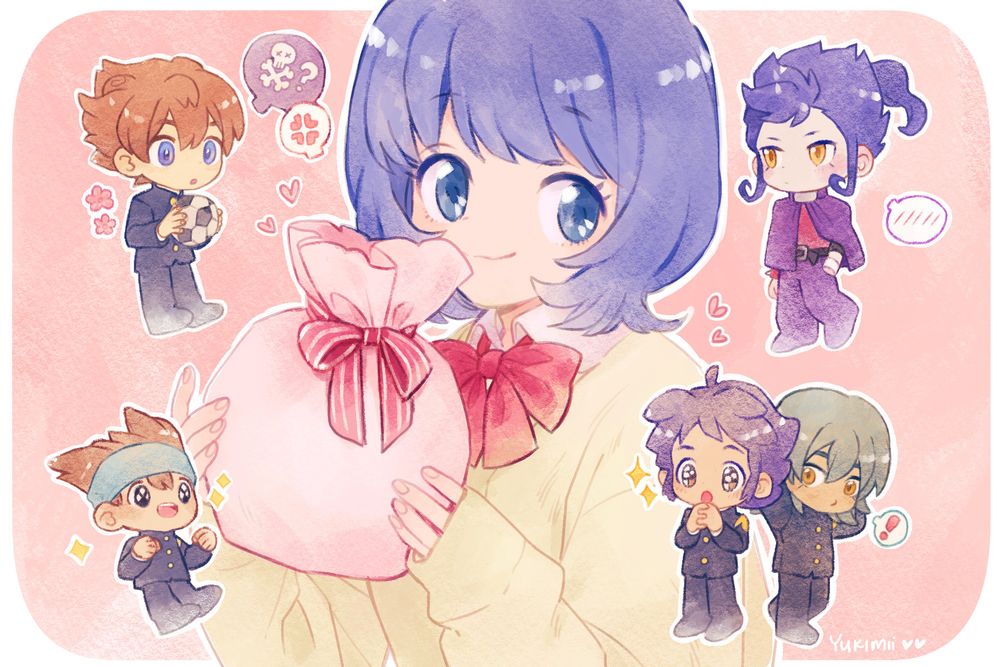 Inazuma Eleven GO fanart for Valentine's day featuring a bust-up portrait of Aoi holding a pink wrapped gift. Chibi versions of her friends surround her with their various reactions to her mystery gift. Tenma has a speech bubble with a skull and a question mark (asking if it's toxic/edible?), and a second speech bubble has an anger mark to show Aoi's response. Tsurugi looks off to the side trying to mask his interest in the matter. Shinsuke and Hikaru look on with looks of excitement/awe and sparkles around them, and Kariya is peeking out from behind Hikaru with keen curiosity but he does not want to be obvious about it.