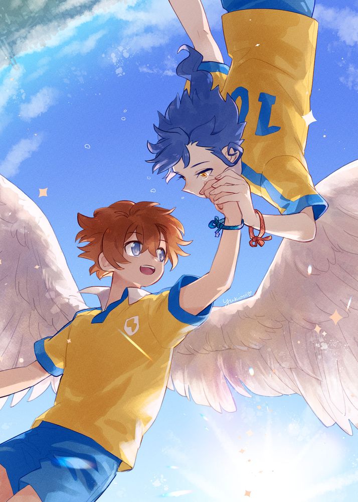Inazuma Eleven GO fanart of Tenma and Tsurugi. They are holding hands, spiraling through the air high in the sky over Inazuma Town as Tenma spreads his large white wings to catch the wind. 