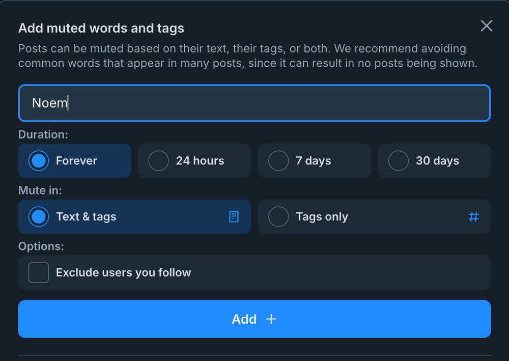 Screenshot of the muted words page, typing in "Noem"
