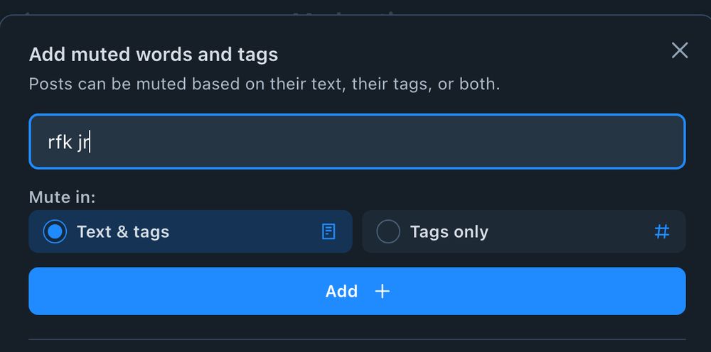 Screenshot of the "add muted words and tags" page in settings. The words "rfk jr" in the text box.