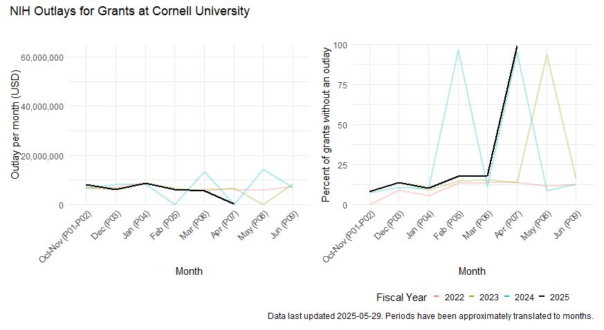 Two line graphs show NIH Outlays for Grants at Cornell University. The left graph, "Outlay per month (USD)," shows monthly outlays from October (P01-P02) to June (P09) for fiscal years 2022, 2023, 2024, and 2025. The 2025 line (black) shows outlays between $10,000,000 and $20,000,000 from October 2024 to March 2025, then drops to $0 in April 2025 and remains at $0 for May and June. Lines for previous fiscal years show some variability but generally stay above $0, with some dips. The right graph, "Percent of grants without an outlay," shows the percentage of grants without monthly outlays over the same period. The 2025 line (black) shows percentages below 20% until March 2025, then spikes to 100% in April 2025 and remains at 100% for May and June. Lines for previous fiscal years show more variability than Harvard and Northwestern, with some spikes, as well, but returning to normal levels after.