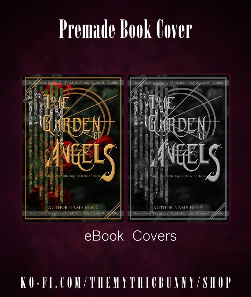 A dark magenta background with two eBook covers displayed, one in colour and one in black and white. The bottom links to the creator's ko-fi: ko-fi.com/themythicbunny/shop