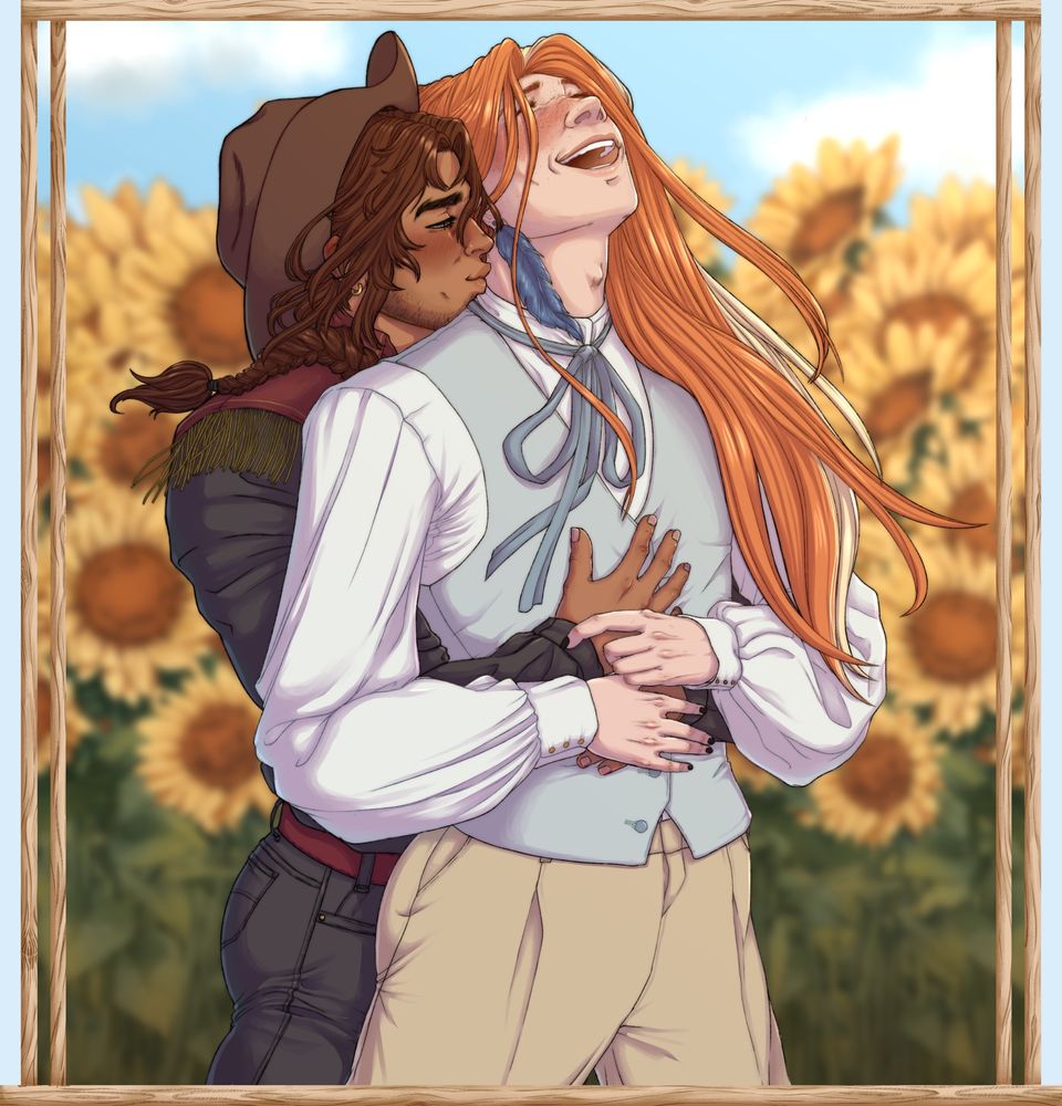 Two lovers embrace in a field of sunflowers. The brown skinned man is dressed in red and dark grey colours with a cowboy hat embracing another from behind. The individual in front wears light colours and is light skinned with red hair and a streak of blond in it. They throw their head back and laugh as the cowboy hugs and kisses their cheek.