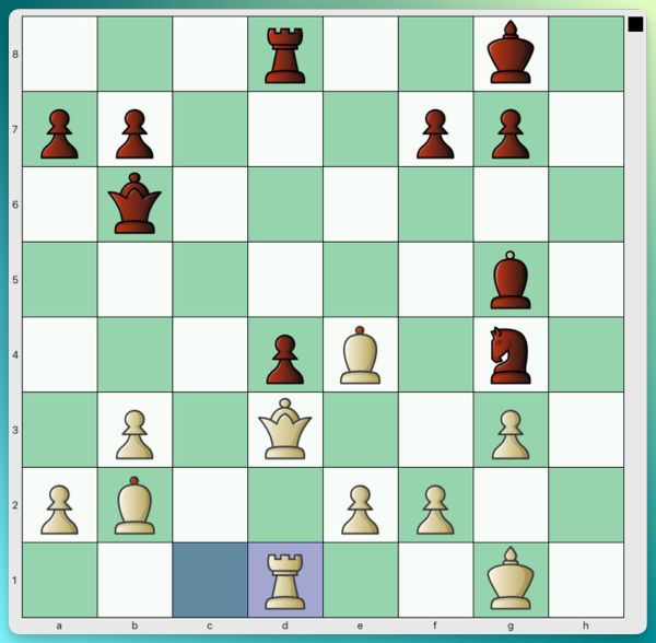 Position from Bricard-Pinter, 1989. FEN: 3r2k1/pp3pp1/1q6/6b1/3pB1n1/1P1Q2P1/PB2PP2/3R2K1 b - - 1 1