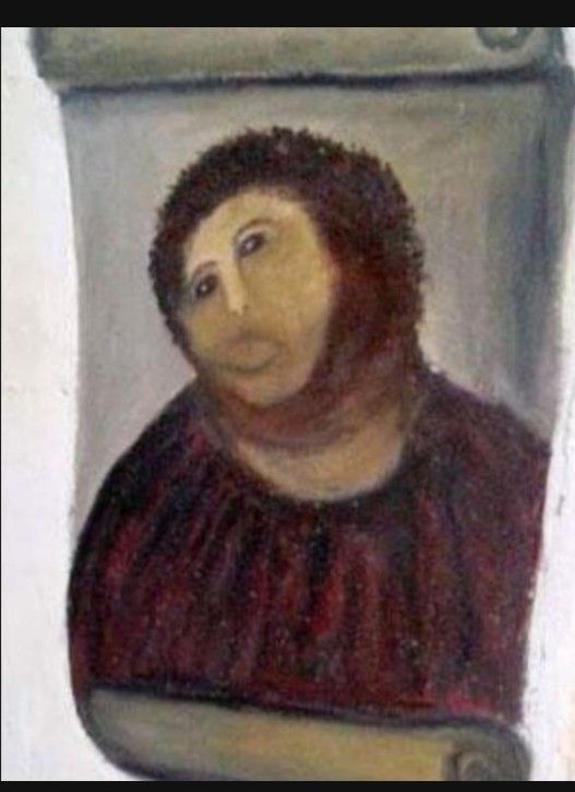 Célèbre restauration ratée espagnol d'une image peinte représentant le Christ, ébouriffé comme un ours, les yeux de traviole et la bouche ouverte.