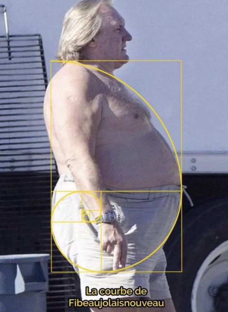Profilbild von Gérard Depardieu mit kurzer Hose und nackten Oberkörper und sehr ausgeprägtem Bauch. Über den Rumpf ist der goldene Schnitt eingezeichnet.