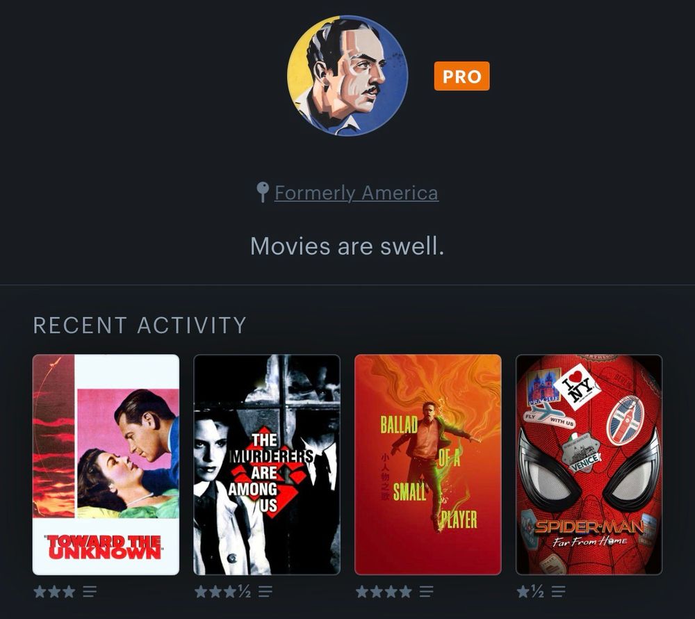 Posters for: Toward The Unknown, orange/red clouds at sunset on the left, William Holden & Virginia Leith romancing on the right; The Muderers Are Among Us, Hildegard Knef looking out a window with a shadowy figure next to her; Ballad Of A Small Player, Colin Farrell running against orange backdrop; Spiderman, Far From Home, closeup of spidey with travel stickers all over his costume. 