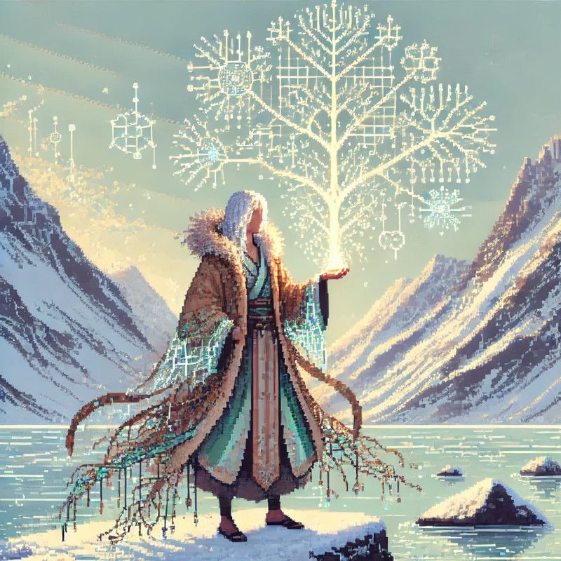 A legendary being holds a phylogenetic tree in the palm of their hand, with snowy mountains in the background.