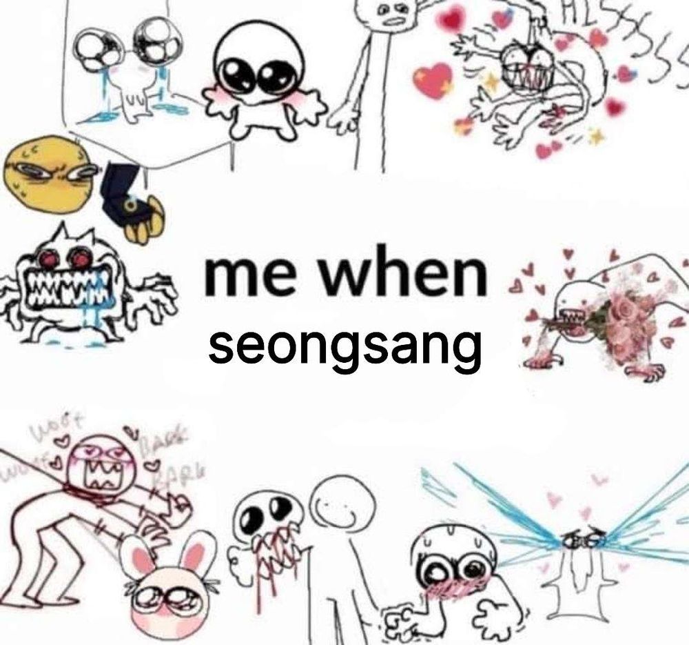 "me when seongsang" surrounded by a compilation of memes going from cuteness aggression to biting arm