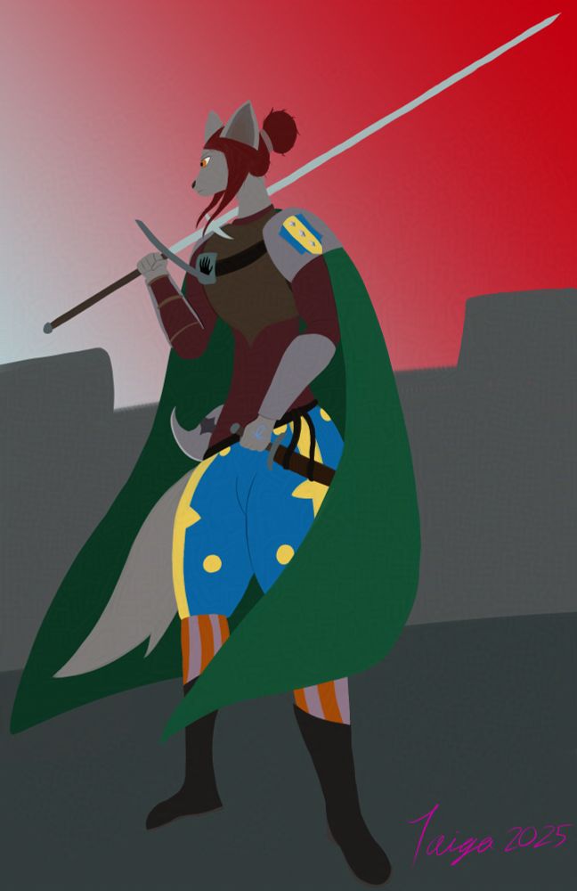 A wolf woman, in landsknecht style armor. Leather breastplate, with a small metal plate with a hand insignia. She's wearing a dark red shirt, with metal bracers. She has metal pauldrons, with the Gerechtian symbol on them. She has a flowing green cape. She's wearing poofy blue and yellow pants, that turn into striped orange and dull pink tights, tucked into her long boots. She has a battle axe on her right hip, and a shortsword on her left. Her left hand is grasping the sword, with the symbol of sacrifice on the back of said hand. In her right hand, she has a zweihander over her shoulder. She's looking off into the distance with a stern expression. She has tired, orange eyes, and long red hair. Some of it is flowing in the wind, the rest is tied up into a bun. She appears to be standing on a bridge fortification, with a grey to red gradient sky.