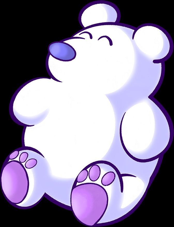 A cute, cartoon style, round white polar bear. It is sitting on it's hind legs with it's eyes closed, smiling. It's nose and pose pads are purple. 