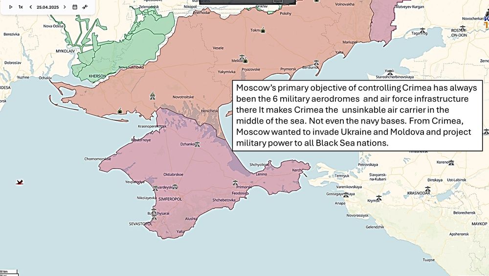 Moscow’s primary objective of controlling Crimea has always been the 6 military aerodromes and air force infrastructure there It makes Crimea the unsinkable air carrier in the middle of the sea. Not even the navy bases. From Crimea, Moscow wanted to invade Ukraine and Moldova and project military power to all Black Sea nations. 