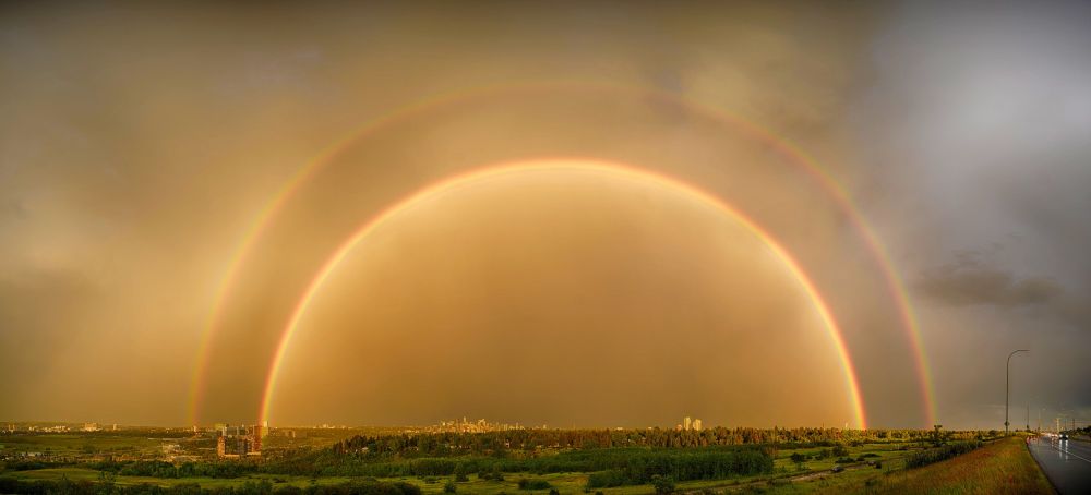 Full double rainbow over the city of Calgary.

15 frame HDR panoramic composite, Nikon Z6.