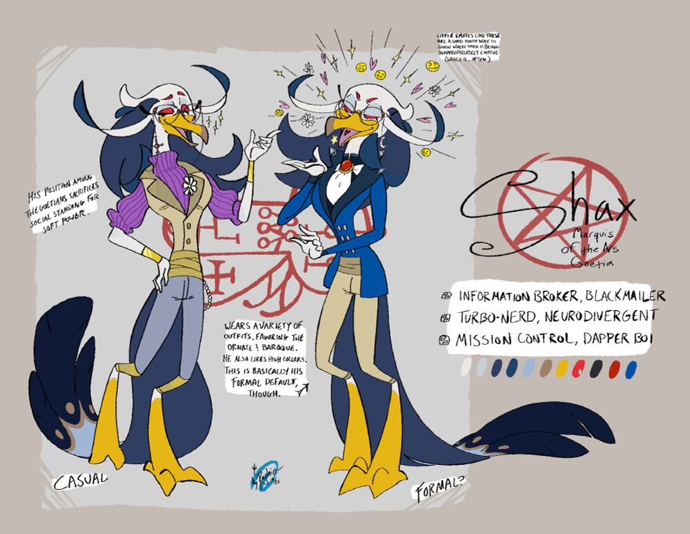 A colored reference sheet for Shax, a heron-like demon who's a helluva boss fan character.