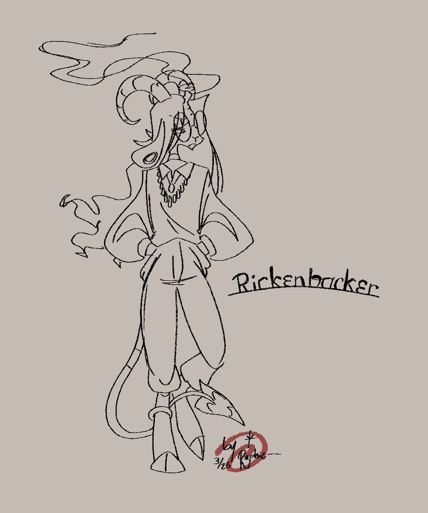 A baphomet-style demon goat with long hair and large glasses is sulking in a sketch I did.