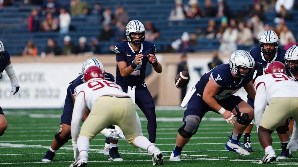 Football players from two teams engaged in a play on the field during a game, with a quarterback set to throw the ball.