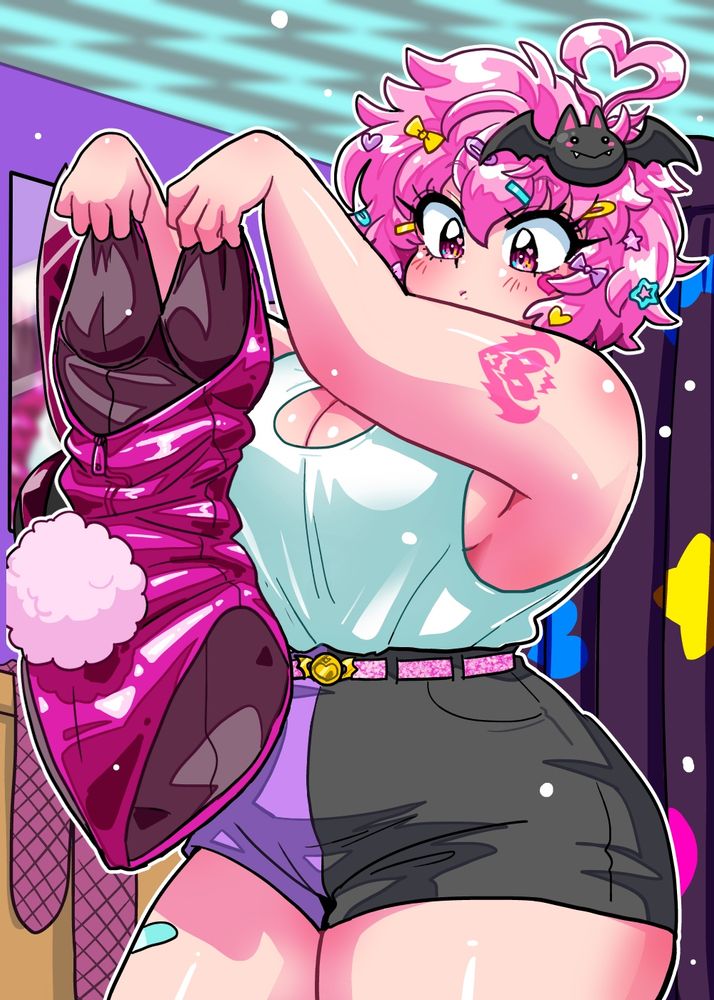 a cute pink girl holding up a bunny suit costume and looking a little pensive. 