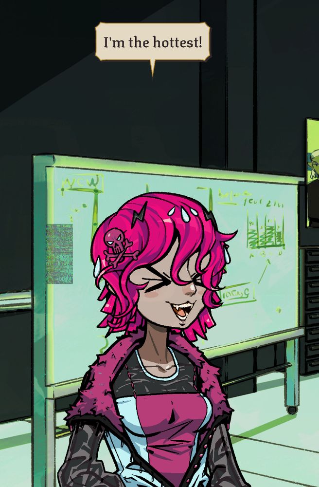 a character from the game Dice Gambit, shouting "I'm the hottest!" happily