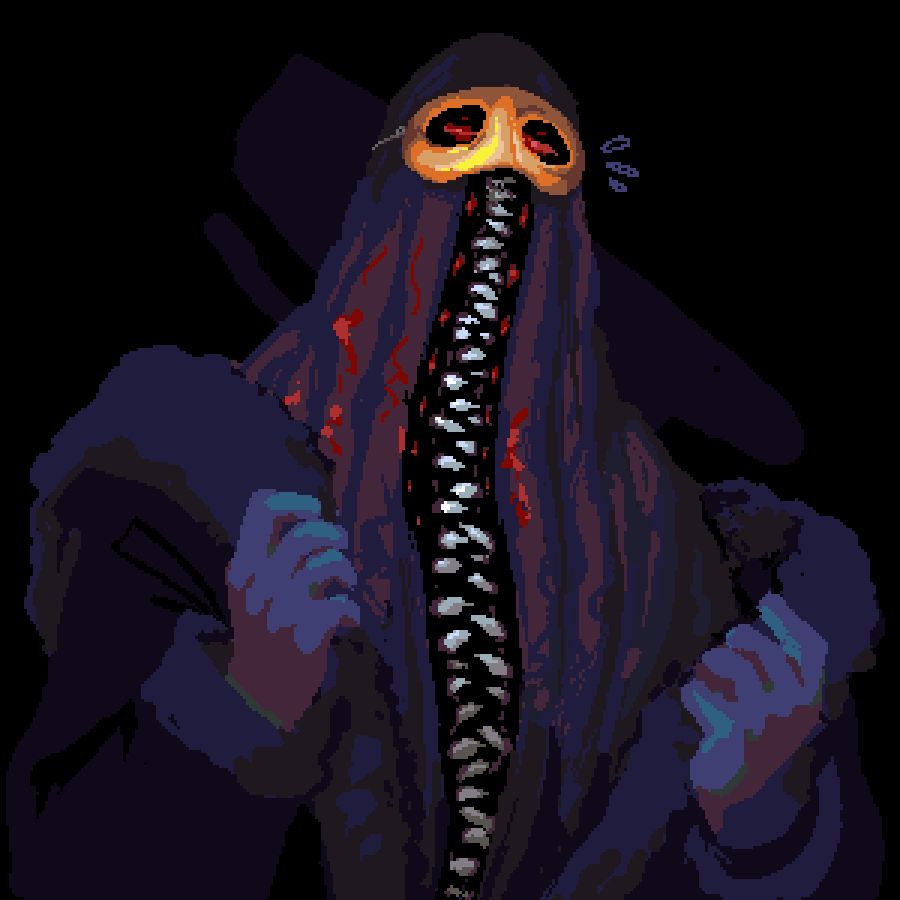 A pixel painting of Jasper, mutated and disrobing as he looks down at the viewer, seemingly embarrassed. He has the edges of the robes in both hands, pulled down over one shoulder and revealing his body, gaping maw and rows of eyes included.