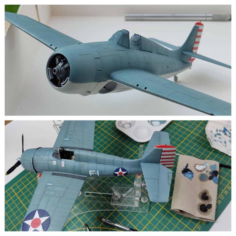 WIP pictures of the 1/48 scale HobbyBoss Wildcat. Painting the fuselage.