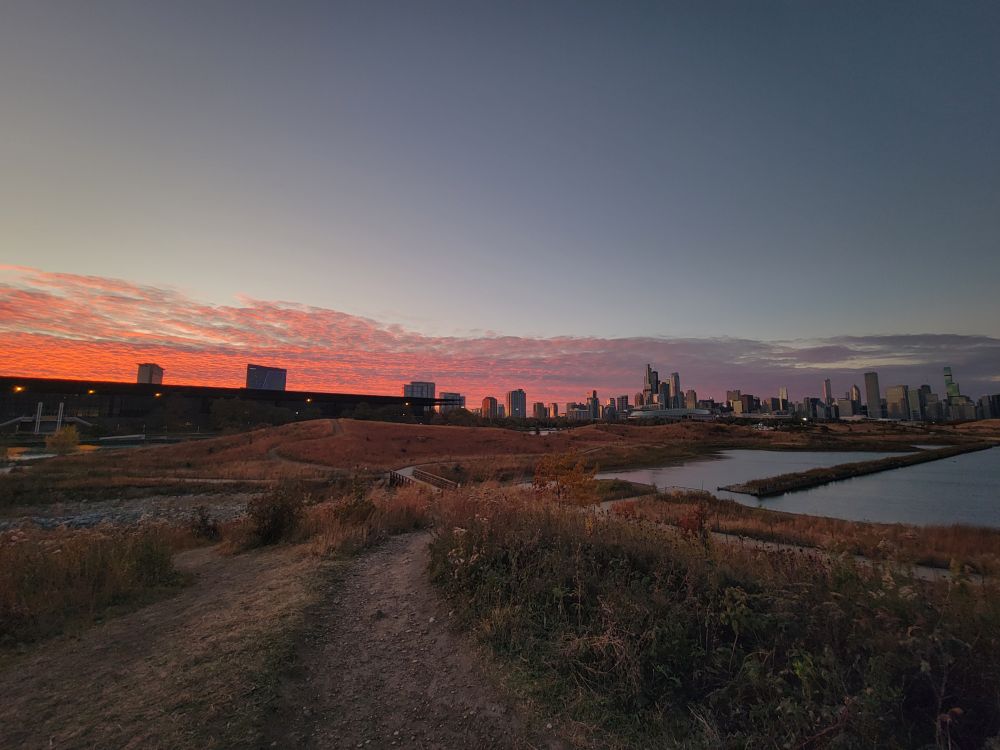 a sunset with a low band of color, a gradient of orange to pink/purple, over the chicago skyline viewed from the southwestern elevated trail on northerly island