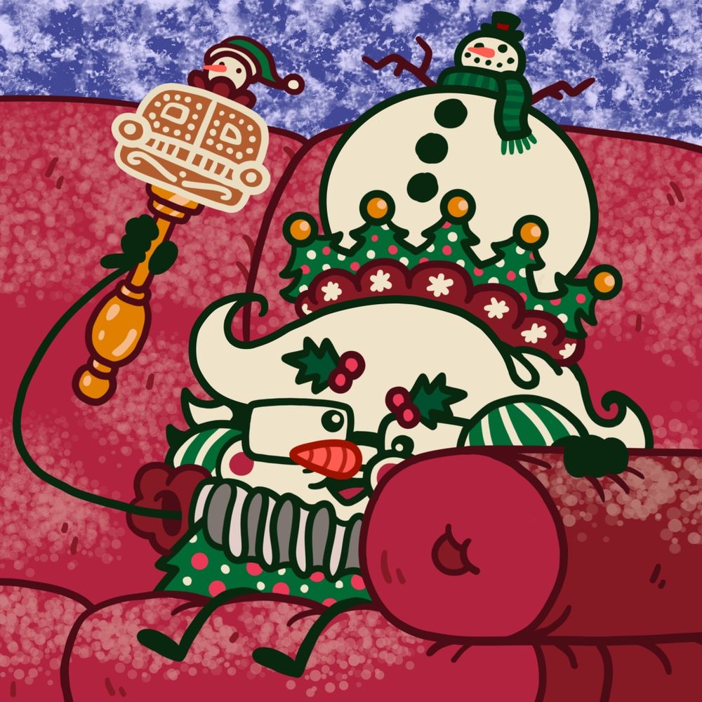 A Christmas edition of Carl's "Sofa King" profile picture. Carl now has a carrot nose and holly eyebrows. He wears a snowman topped crown with a Christmas tree trim. His outfit now has festive patterns of green, red, and white with the torso resembling a decorated tree. The couch is now red and dusted with snow in front of a blue snowfall background. Carl's scepter has a matching gingerbread mini-couch with a snowman head topper.