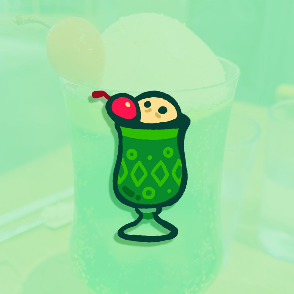 Illustration of a small dot-eyed "clown" interpretation of Keita Takahashi's melon soda float photograph. A scoop of vanilla ice cream for a head with a cherry for a nose, peaking over the edge of a green sundae glass body.