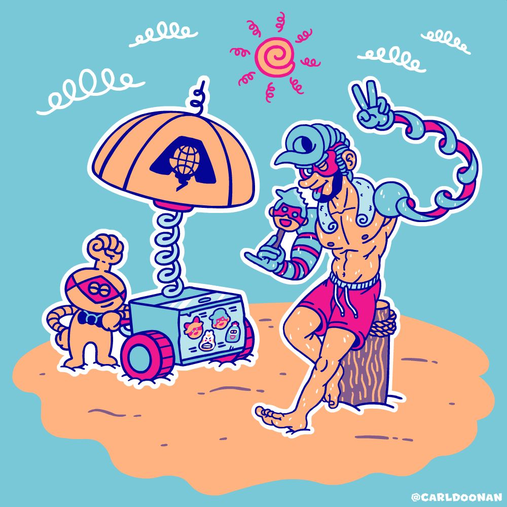 Illustration of Spring Man, from Nintendo's ARMS, enjoying a popsicle shaped like his own head at the beach. He leans, sweaty and shirtless in red swim trunks, against a wooden pole while winking and giving a peace sign. Biff leans on an ARMS League ice cream cart nearby, which sells popsicles shaped like Ribbon Girl, Master Mummy, Spring Man, an Helix. The clouds, sun, and pole of the cart are all made out of springy swirls.