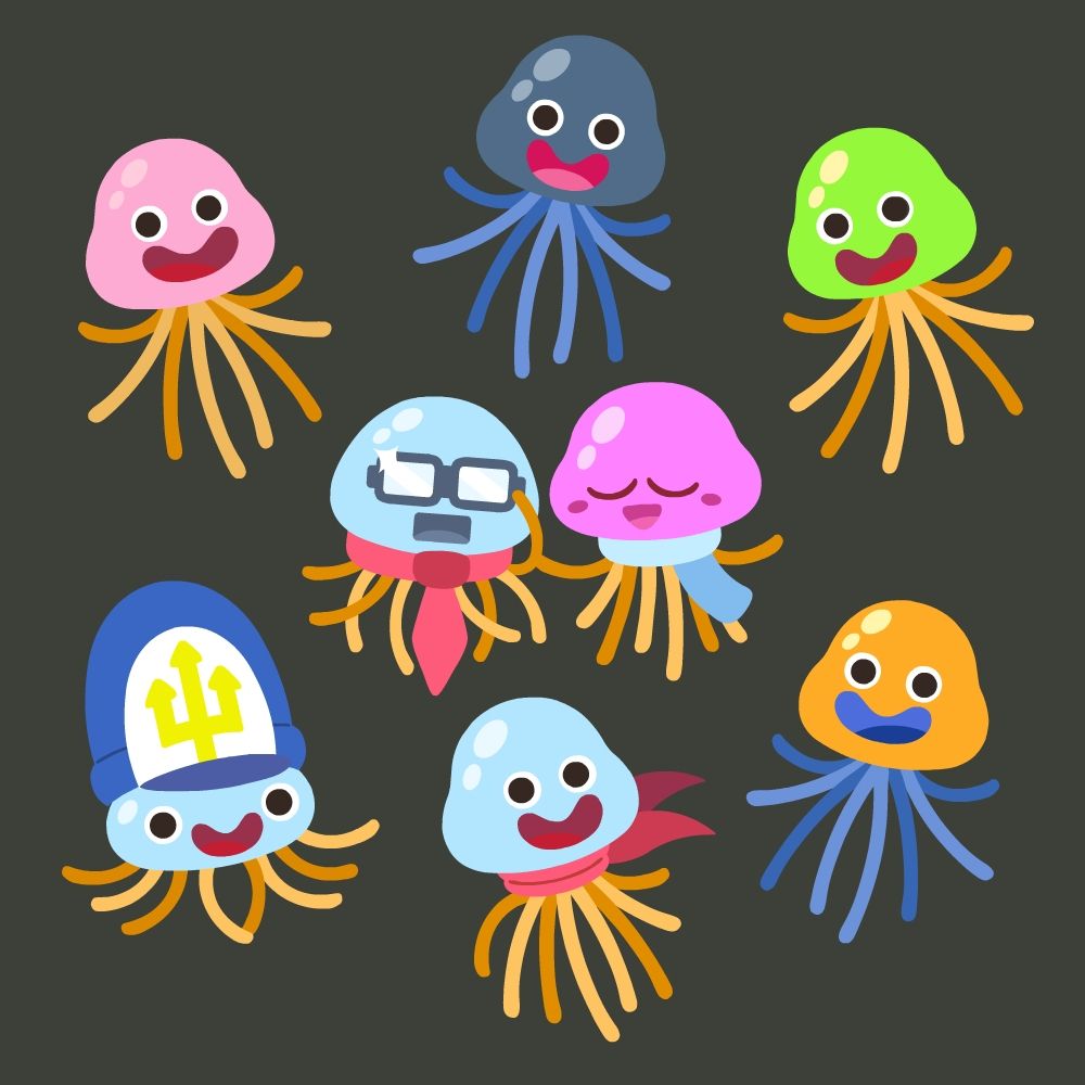 A variety of the jellyfish-like healslimes from "Dragon Quest Heroes: Rocket Slime. Top row: Generic pink, gray, and green healslimes. Middle row: Mr. Hooly, a blue healslime wearing a red necktie and glasses, and Mrs. Hooly, a pink healslime wearing a blue scarf. Bottom row: Curate Rollo, a blue healslime wearing a priest's hat, Hooly, a blue healslime wearing a red bandana scarf, and a generic orange healslime
