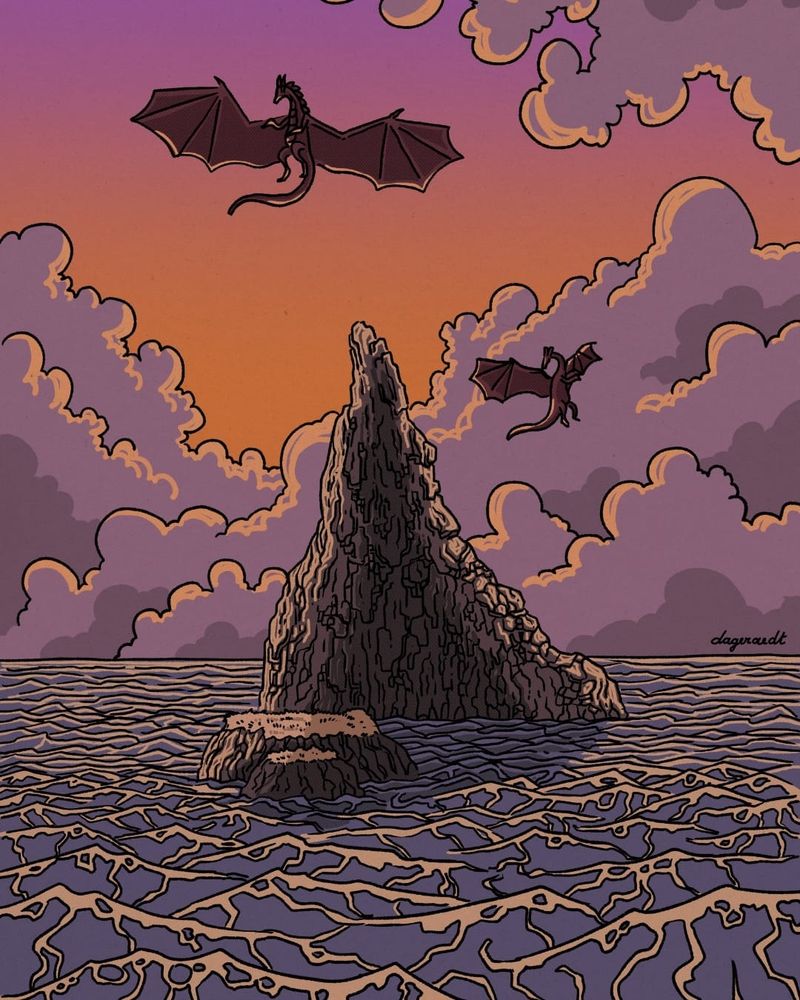Colored pen drawing of a sea with rocks by sundown. Two dragons are flying in the sky.