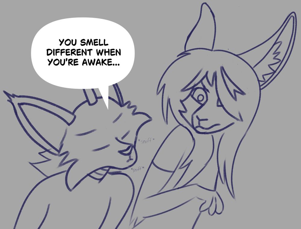 A Koshina girl, Marai, sniffing her bunny boyfriend, Casper. Marai is saying "You smell different when you're awake..." Casper has an offended and disgusted expression.