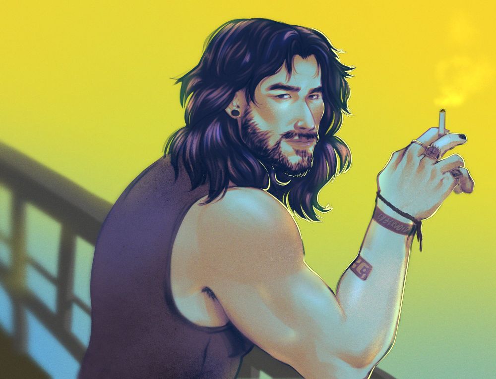 Digital drawing of Johnny Silverhand, leaning against a railing with a cigarette in his hand. He is looking over his shoulder at the viewer.